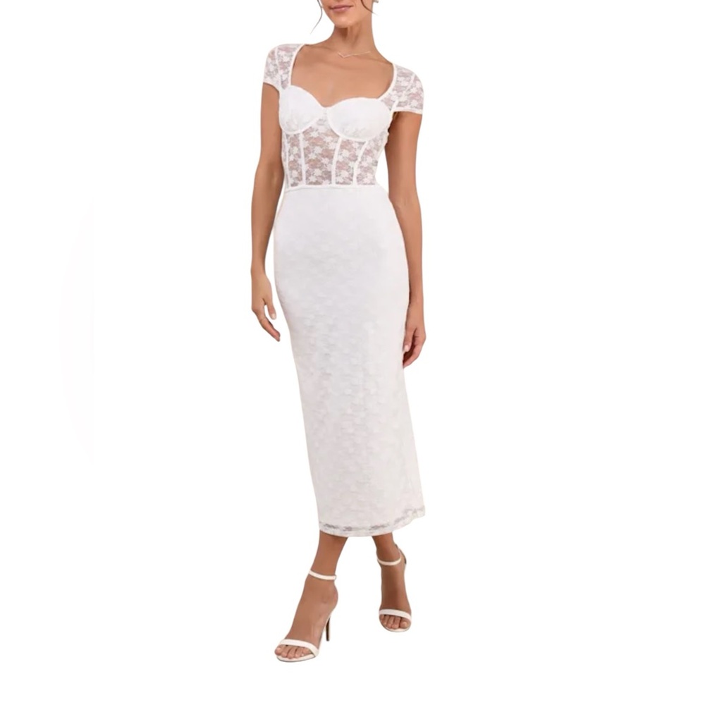 Lulu's White Lace Midi Dress with Sweetheart Bust